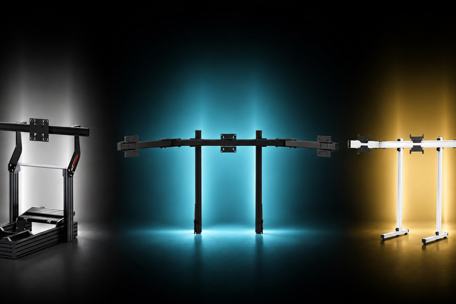 GT Omega Prime integrated monitor mount compared with SIMGASM Core and Apex monitor stands