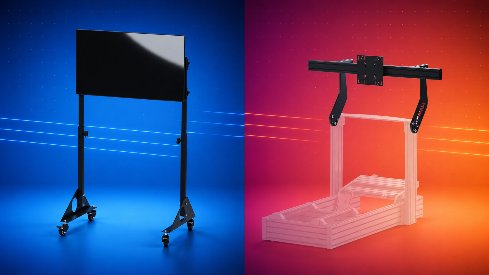 GT Omega freestanding monitor stand compared with a cockpit-mounted display system
