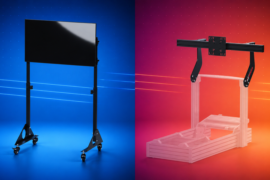GT Omega freestanding monitor stand compared with a cockpit-mounted display system
