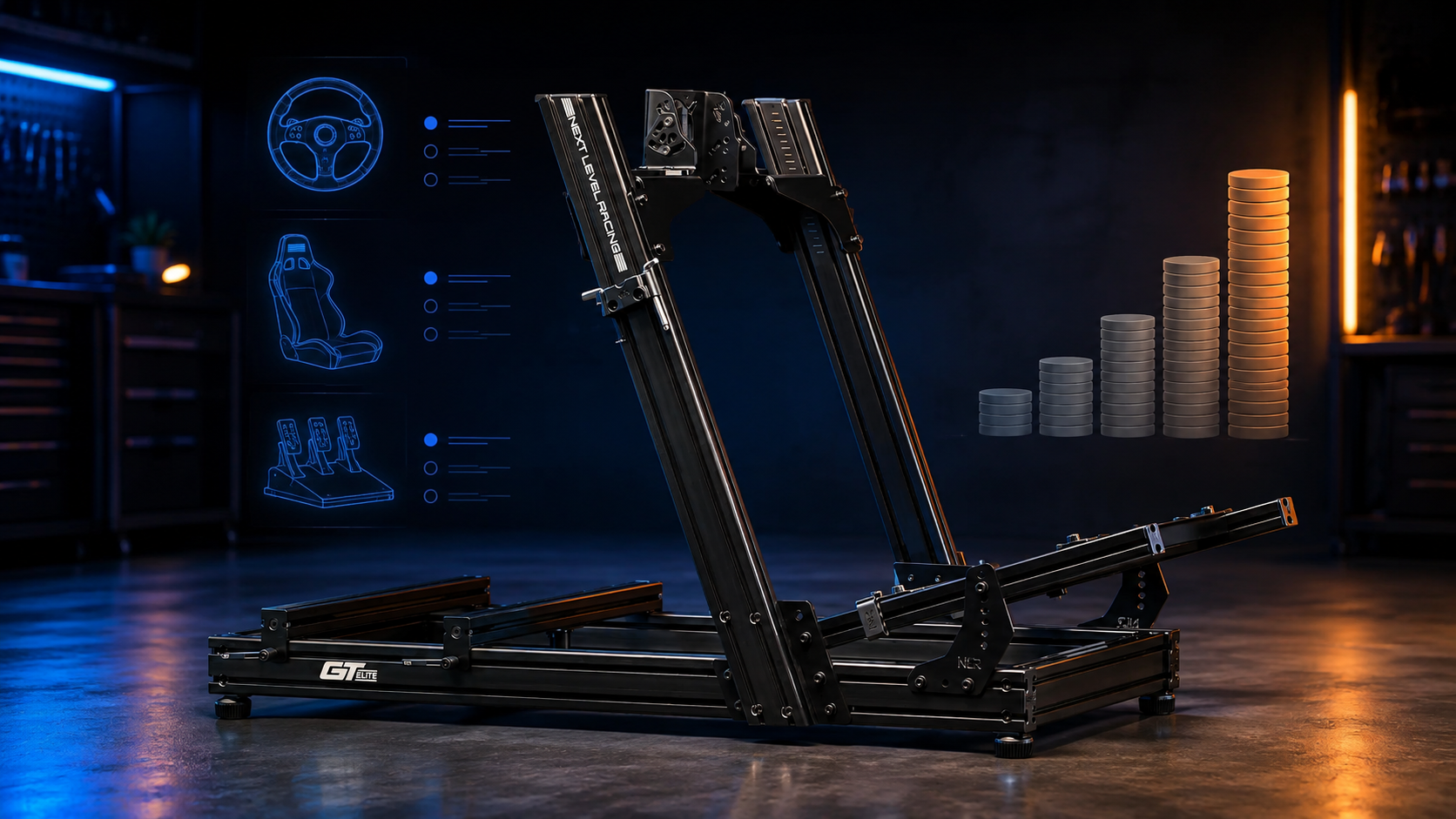 Next Level Racing GTElite Lite cockpit with accessory and cost-planning graphics