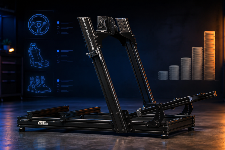Next Level Racing GTElite Lite cockpit with accessory and cost-planning graphics