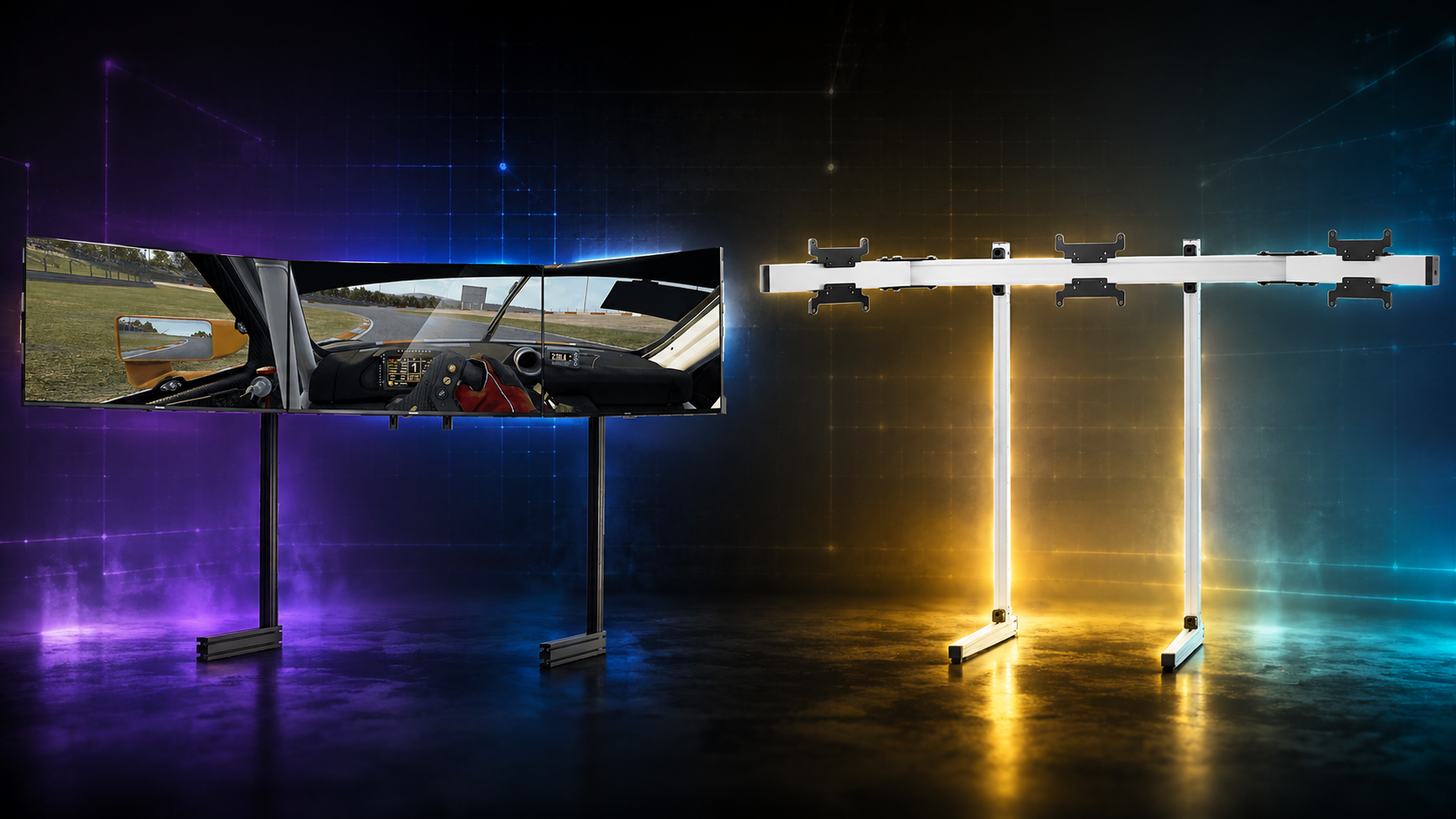 Next Level Racing Elite triple monitor stand compared with the SIMGASM Apex monitor stand