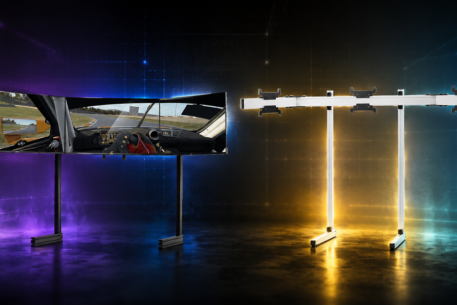 Next Level Racing Elite triple monitor stand compared with the SIMGASM Apex monitor stand