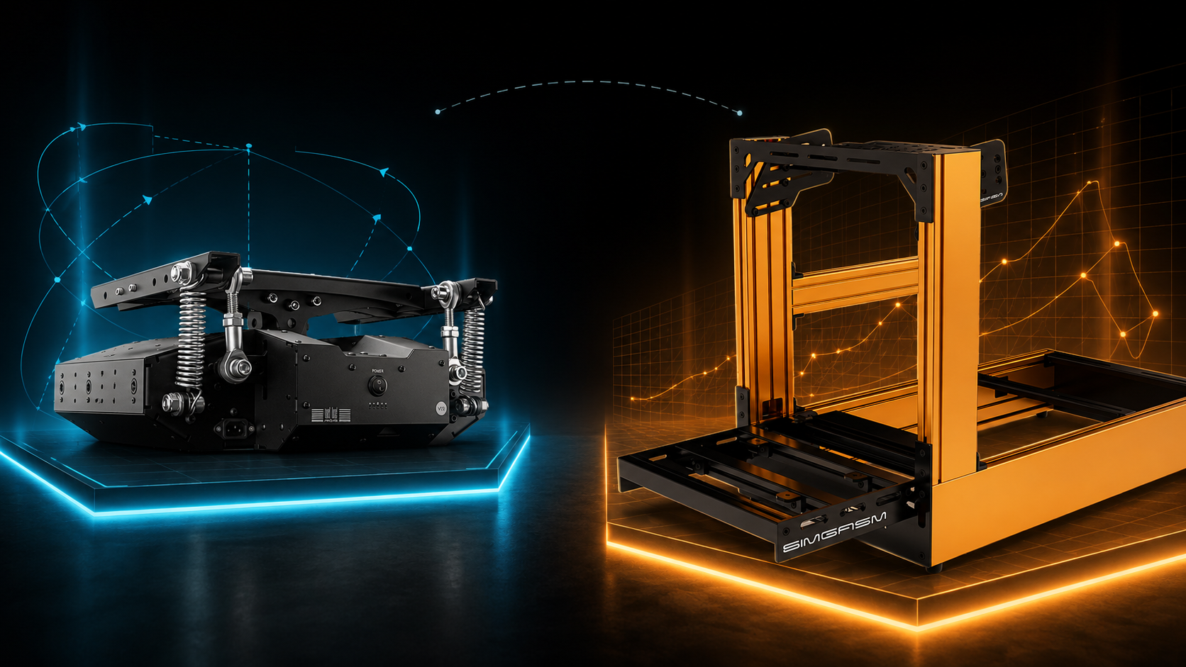 Next Level Racing Motion Platform V3 planning beside a SIMGASM racing cockpit
