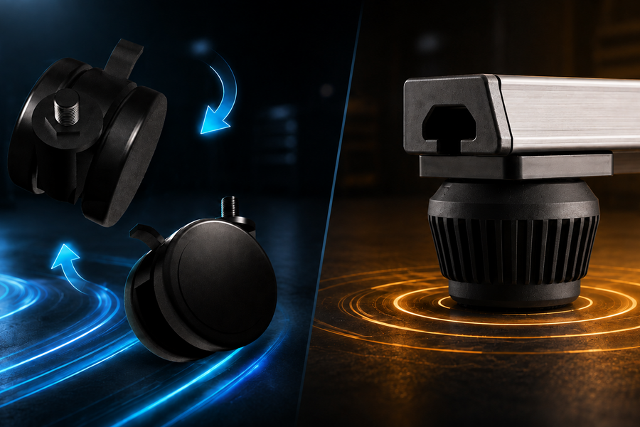 Caster wheels compared with leveling feet for an aluminium sim racing cockpit
