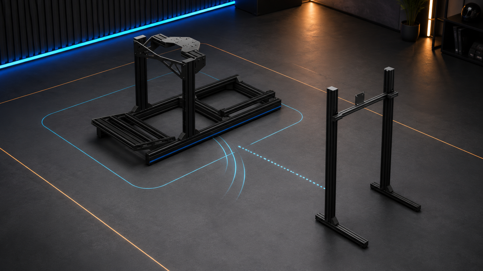 TREQ One cockpit and freestanding monitor stand for footprint planning