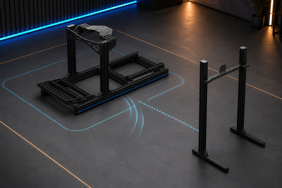 TREQ One cockpit and freestanding monitor stand for footprint planning