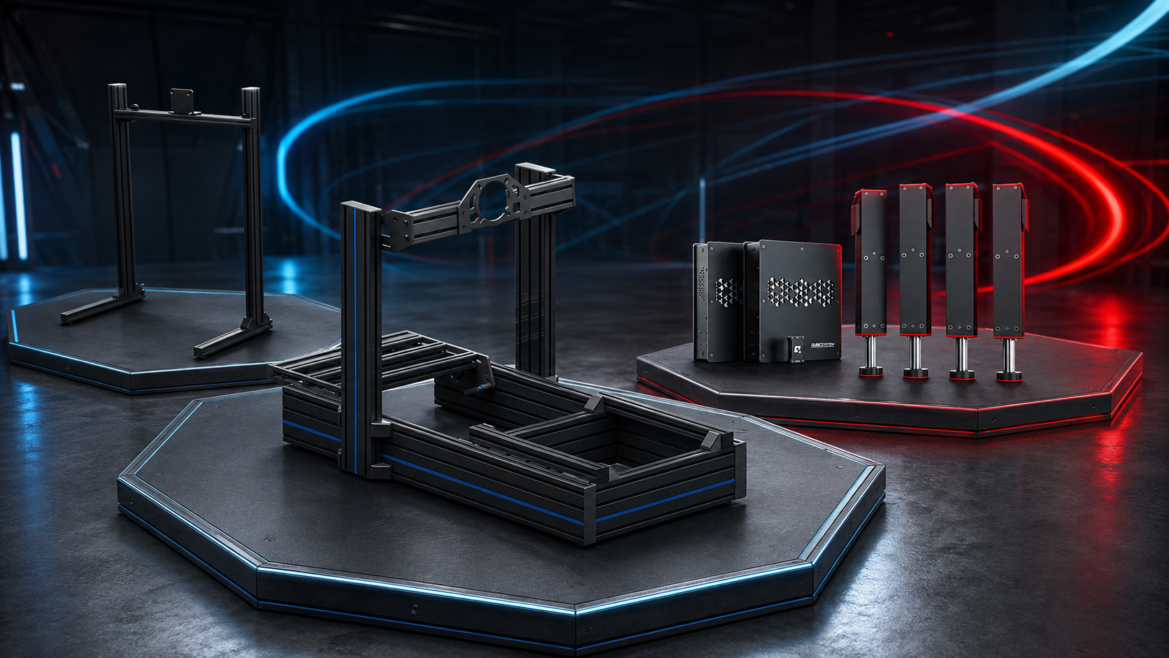 TREQ cockpit, monitor stand and Qubic motion actuators for motion readiness planning