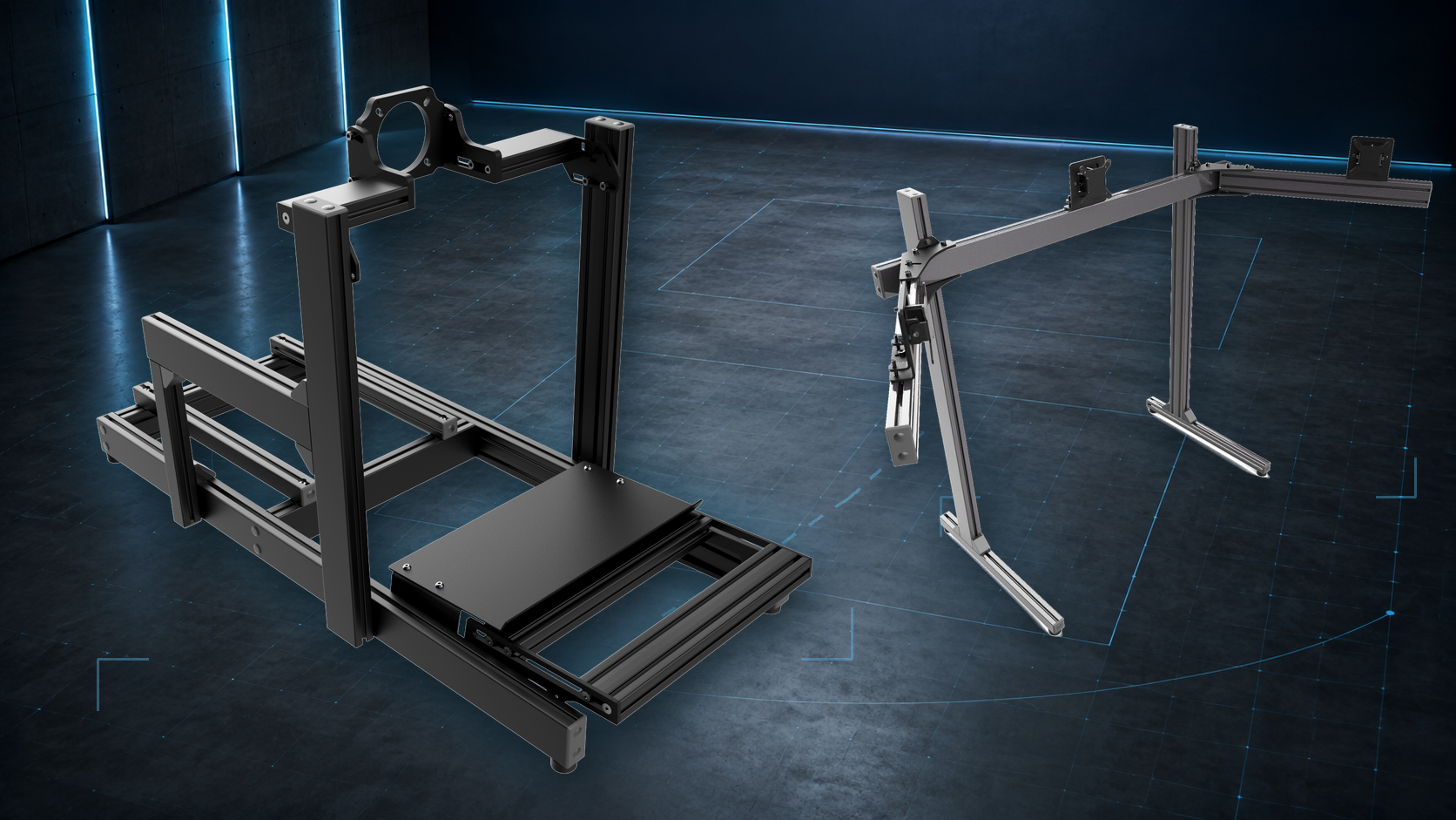 Advanced SimRacing cockpit footprint and monitor stand room planning