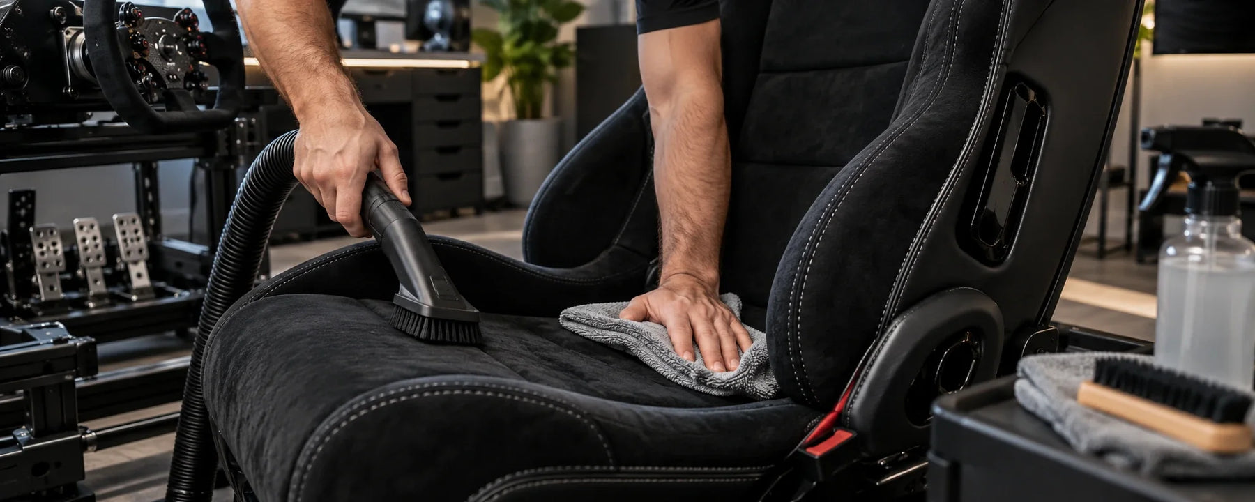 How do you clean and care for a sim racing seat?
