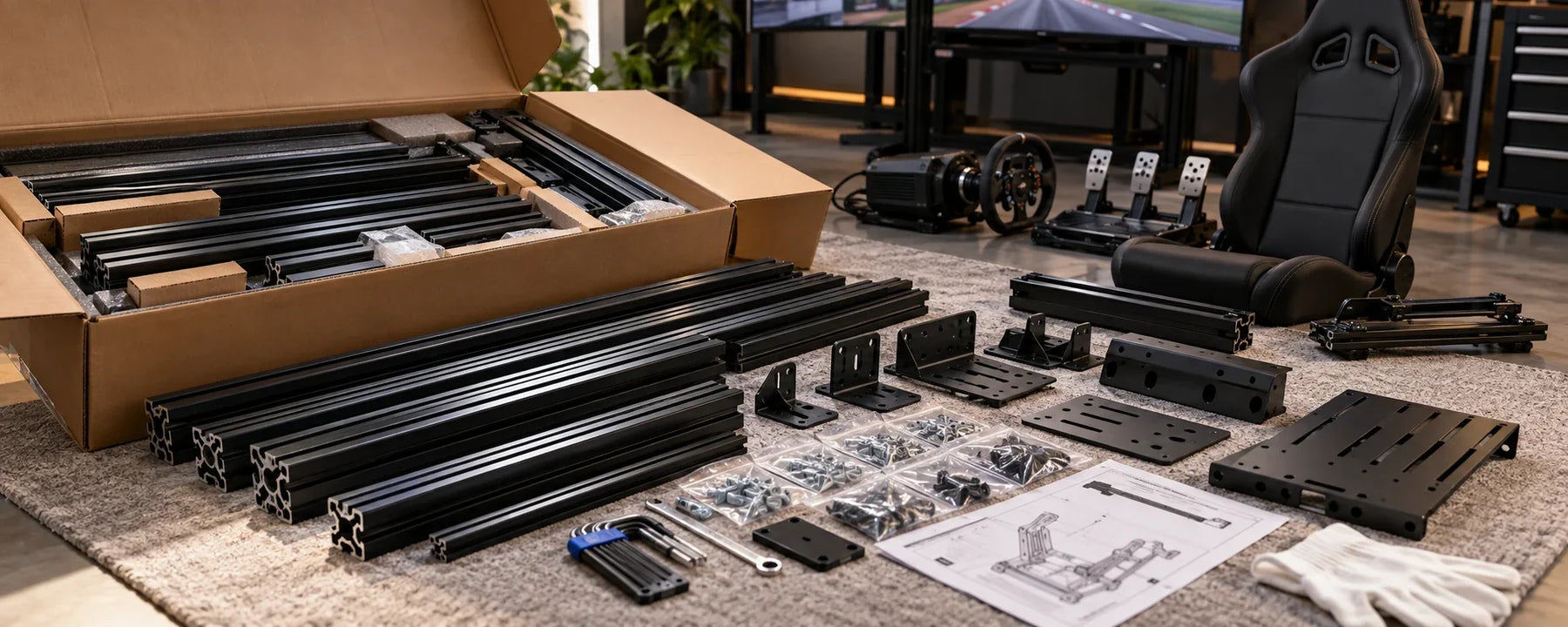 What comes in the box with a sim racing cockpit?