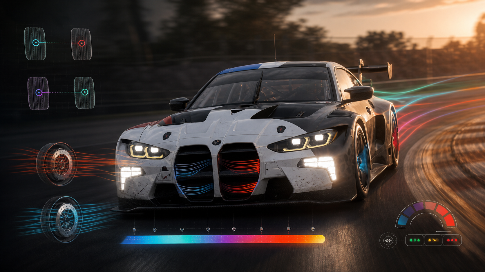 GT3 race car with tyre-pressure, brake-duct and electronics setup graphics for an Assetto Corsa Competizione guide