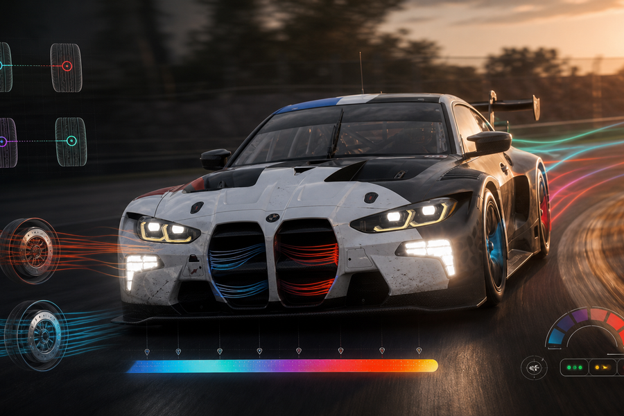 GT3 race car with tyre-pressure, brake-duct and electronics setup graphics for an Assetto Corsa Competizione guide