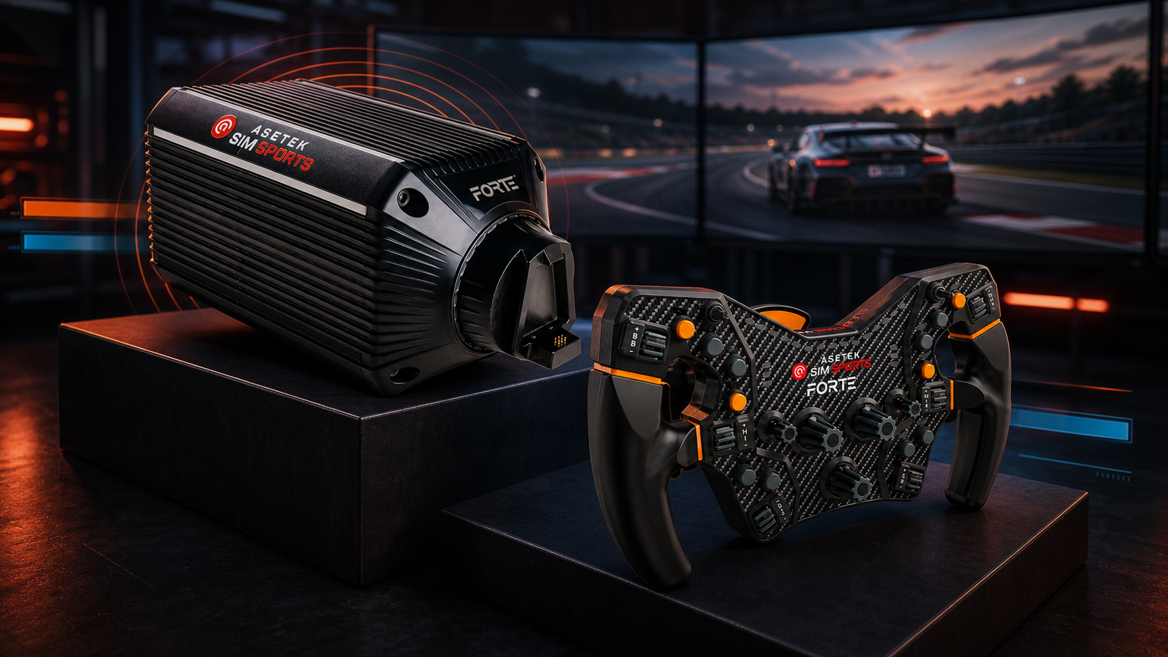 Asetek Forte wheelbase en formulastuur met RaceHub-afstellingsgraphics voor iRacing en ACC
