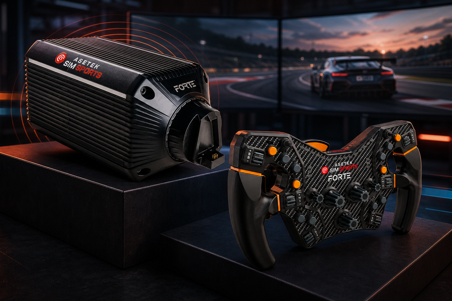Asetek Forte wheelbase en formulastuur met RaceHub-afstellingsgraphics voor iRacing en ACC