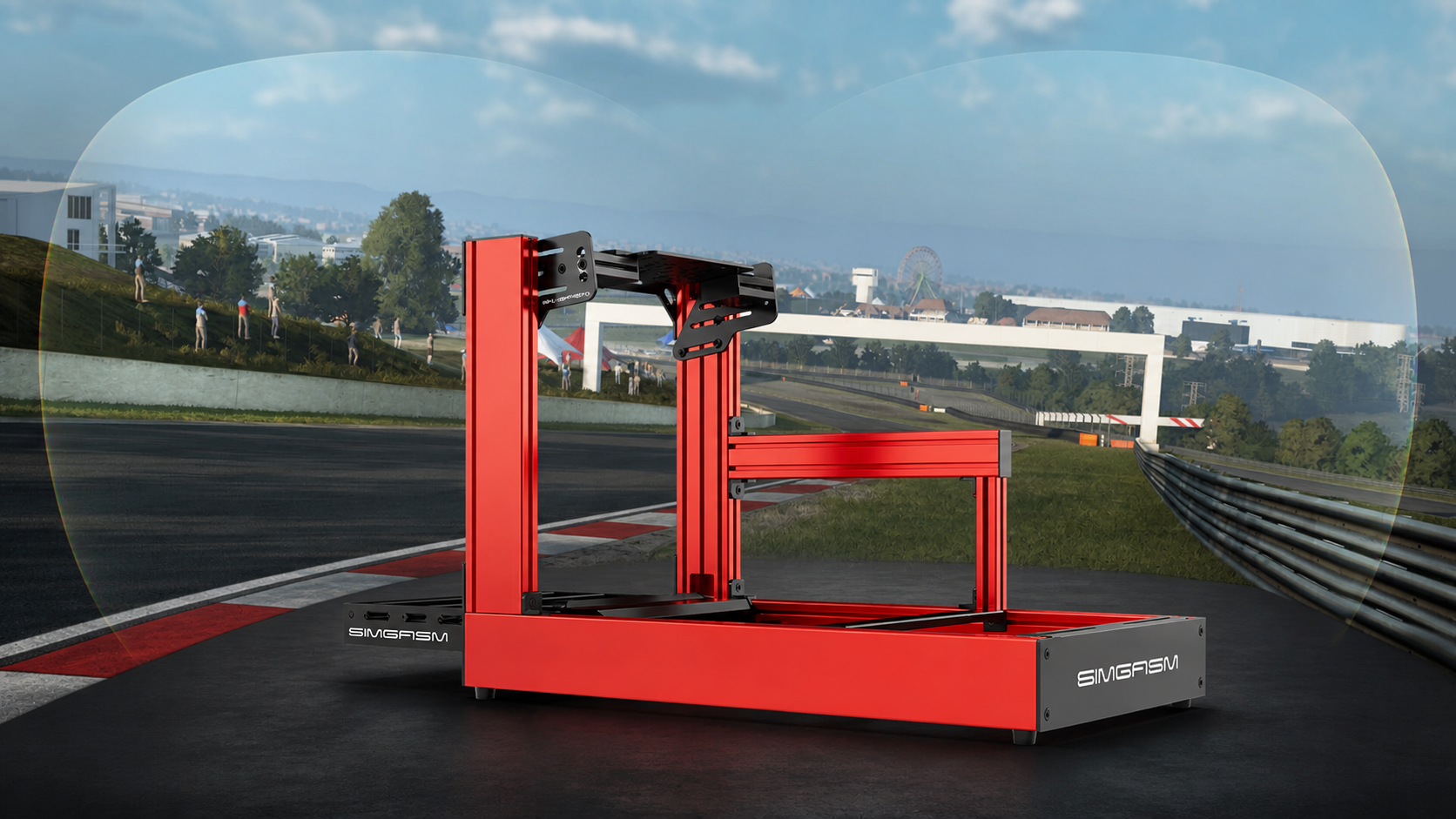 Red SIMGASM Sport sim racing cockpit in an Assetto Corsa EVO VR scene