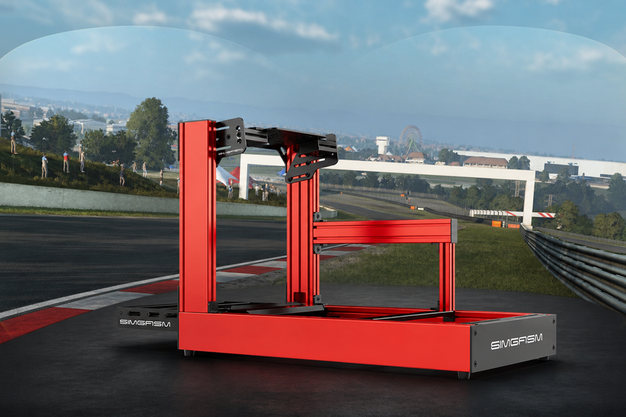 Red SIMGASM Sport sim racing cockpit in an Assetto Corsa EVO VR scene