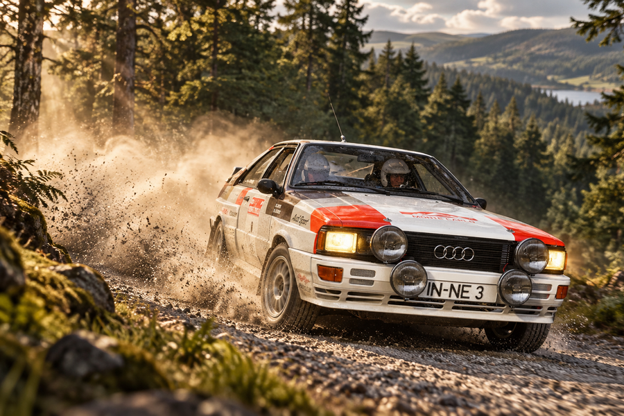 Editorial illustration of a 1980 Audi Quattro Gr.4 rally car cornering on a forest gravel stage
