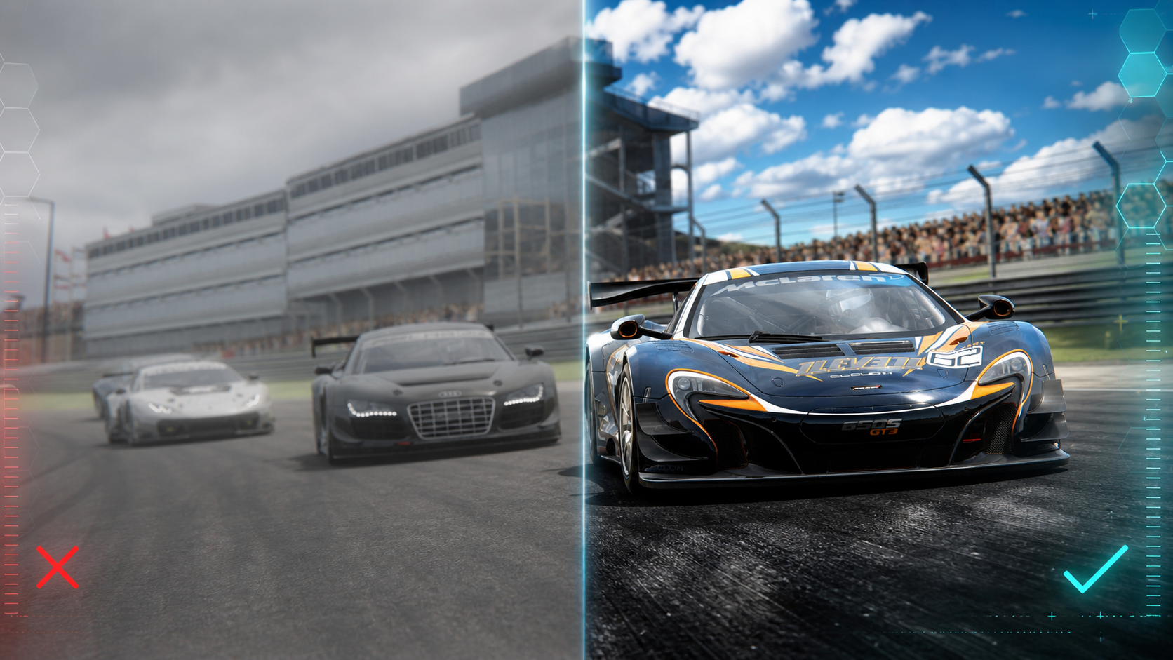 Assetto Corsa GT race scene with a split graphics comparison and force-feedback response graphics.