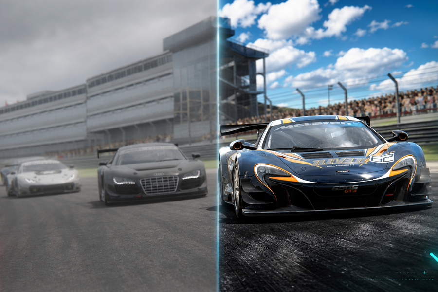 Assetto Corsa GT race scene with a split graphics comparison and force-feedback response graphics.