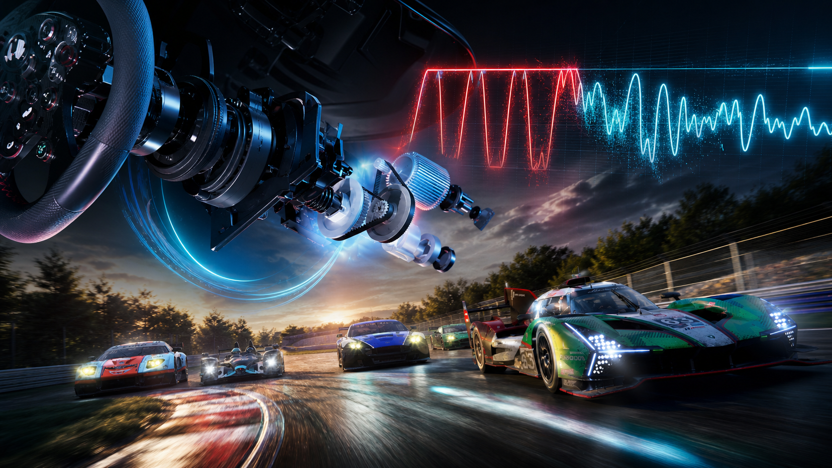 Direct-drive wheelbase with an illuminated force-feedback mechanism and racing cars, illustrating FFB clipping across sims