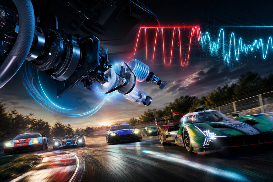 Direct-drive wheelbase with an illuminated force-feedback mechanism and racing cars, illustrating FFB clipping across sims