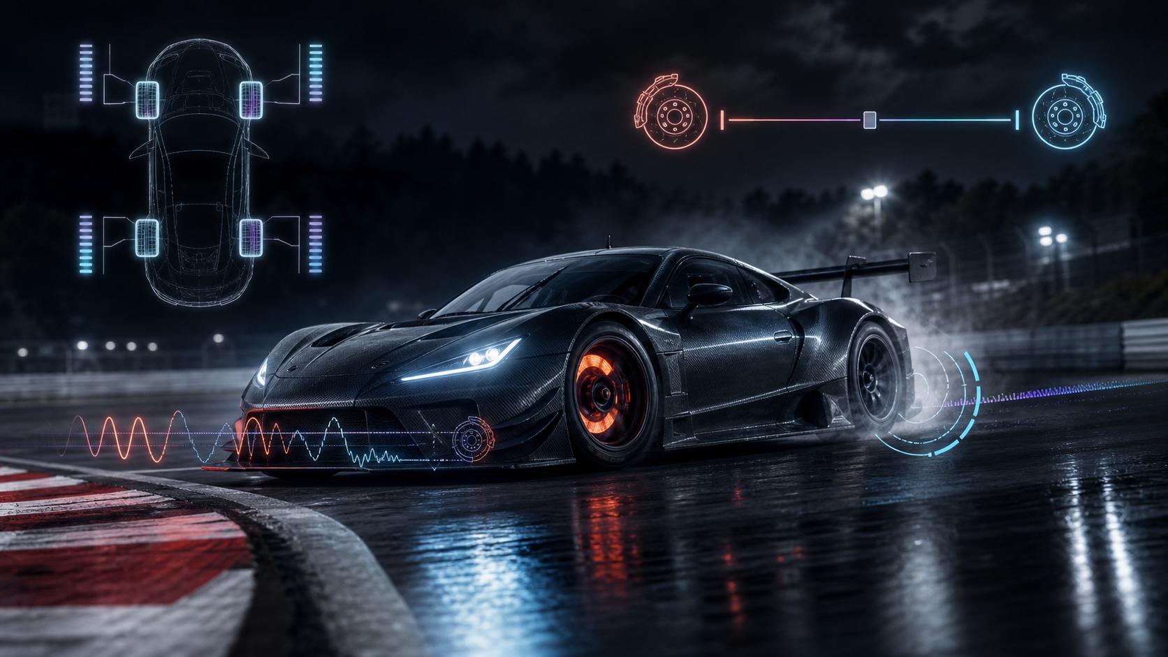 GT race car braking into a corner with brake bias, ABS and traction control graphics