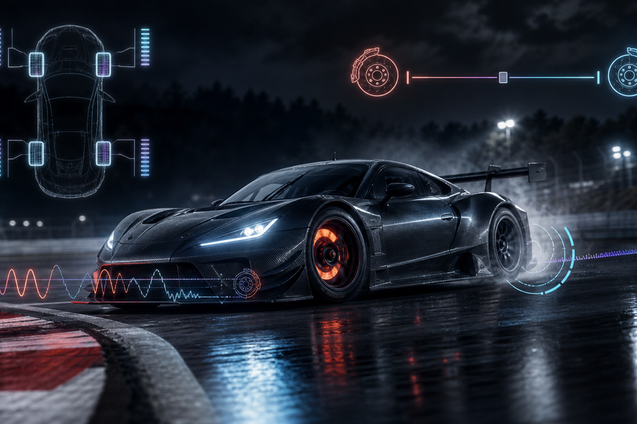 GT race car braking into a corner with brake bias, ABS and traction control graphics