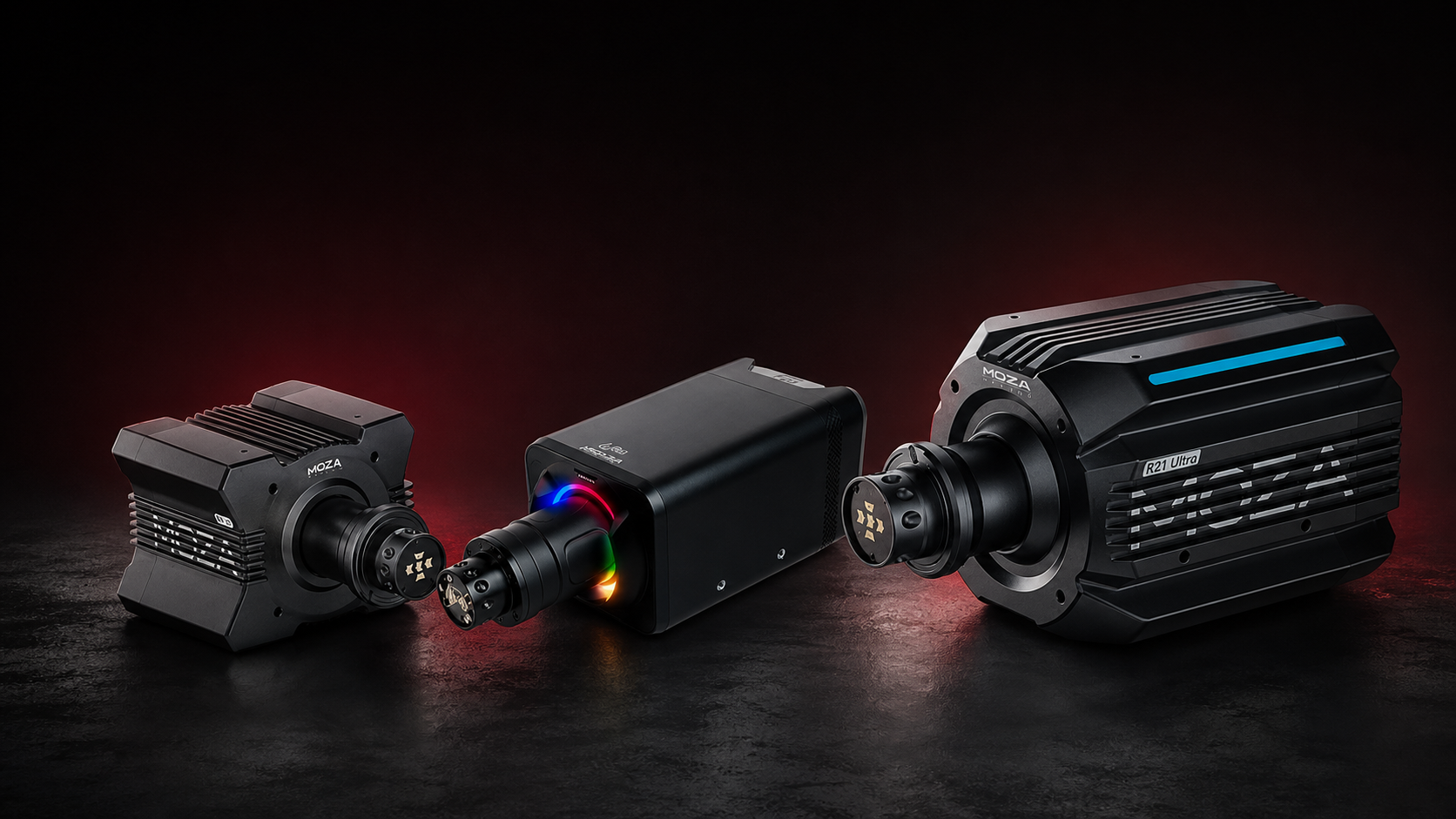 Three direct-drive sim racing wheelbases arranged in a torque-comparison lineup