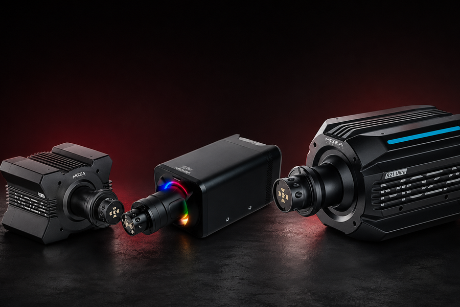 Three direct-drive sim racing wheelbases arranged in a torque-comparison lineup