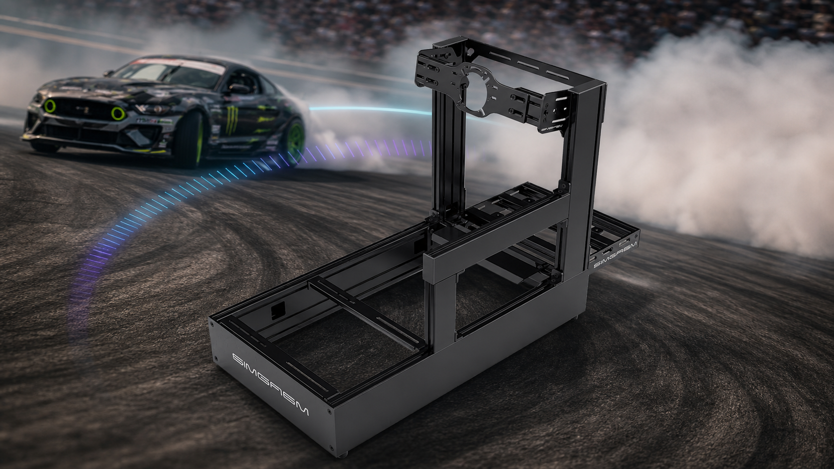 SIMGASM aluminium profile cockpit in front of a drifting car with tyre smoke for a drift sim setup guide