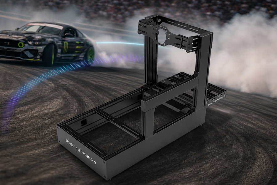 SIMGASM aluminium profile cockpit in front of a drifting car with tyre smoke for a drift sim setup guide