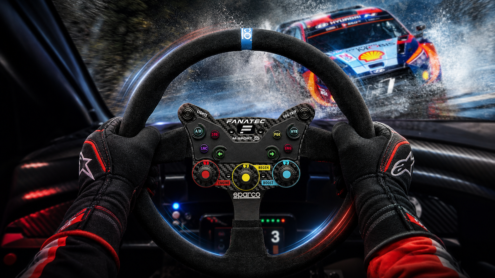 Fanatec M-Sport rally steering wheel in front of a Hyundai rally car driving through water