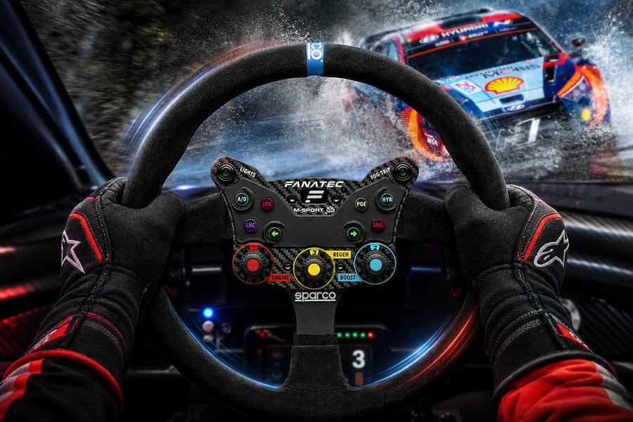 Fanatec M-Sport rally steering wheel in front of a Hyundai rally car driving through water