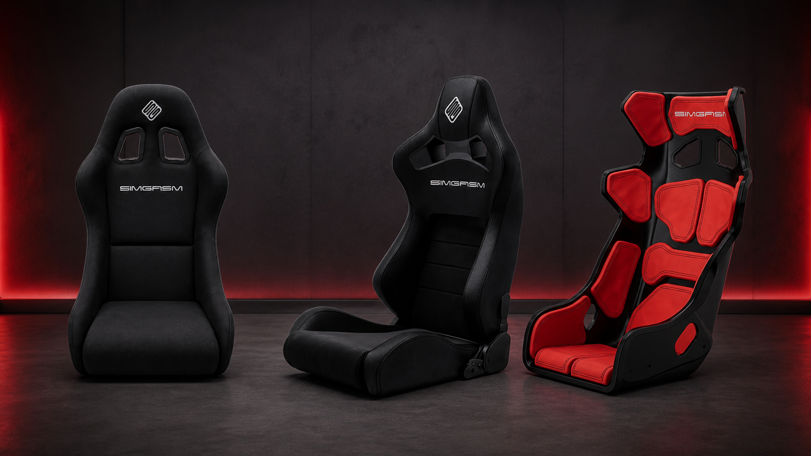 Three SIMGASM sim racing seats in recline and bucket styles for endurance-racing comfort