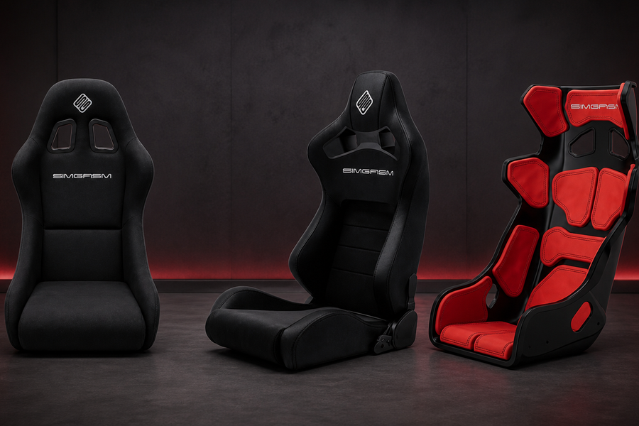 Three SIMGASM sim racing seats in recline and bucket styles for endurance-racing comfort