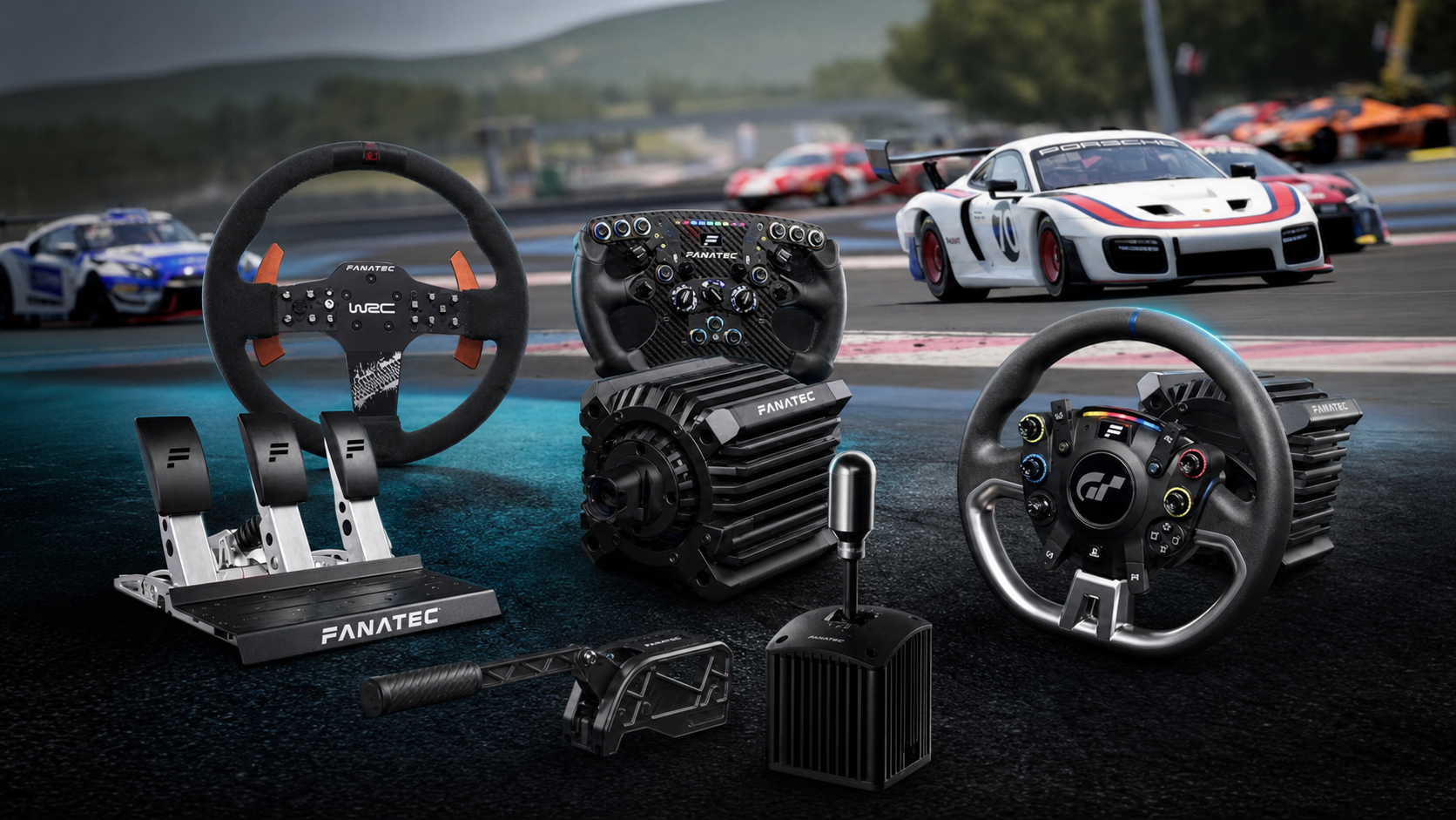Fanatec sim racing hardware beside a GT race scene for an Assetto Corsa Competizione settings guide