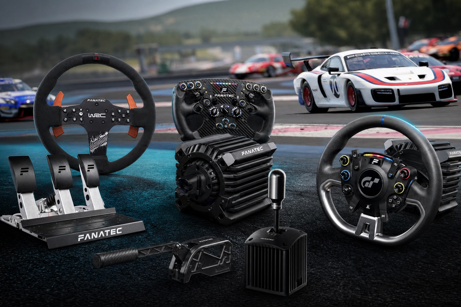 Fanatec sim racing hardware beside a GT race scene for an Assetto Corsa Competizione settings guide