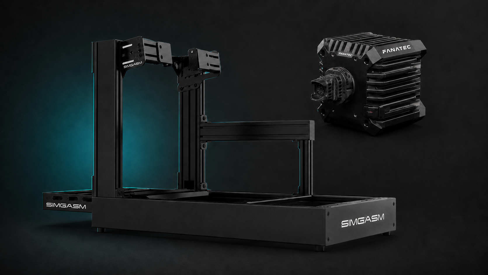 Fanatec CSL DD wheelbase beside a SIMGASM aluminium-profile cockpit for rig compatibility guidance