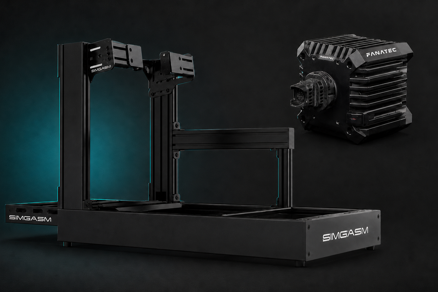Fanatec CSL DD wheelbase beside a SIMGASM aluminium-profile cockpit for rig compatibility guidance
