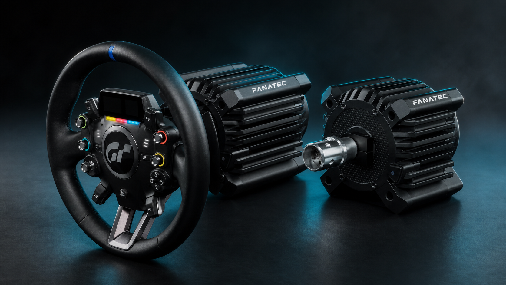 Fanatec direct-drive wheelbase and Gran Turismo steering wheel arranged for a GT DD Pro and GT DD Extreme setup guide