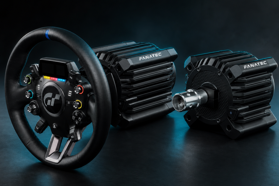Fanatec direct-drive wheelbase and Gran Turismo steering wheel arranged for a GT DD Pro and GT DD Extreme setup guide