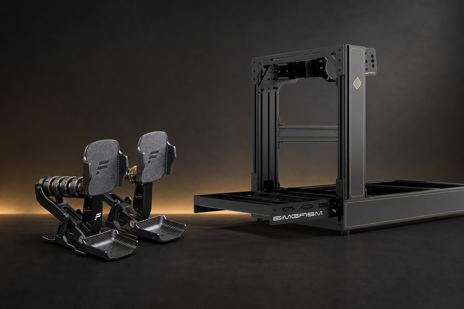 Unmounted Fanatec Podium Pedals Formula beside a black SIMGASM Sport sim racing cockpit in a dark studio