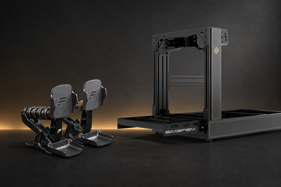 Unmounted Fanatec Podium Pedals Formula beside a black SIMGASM Sport sim racing cockpit in a dark studio