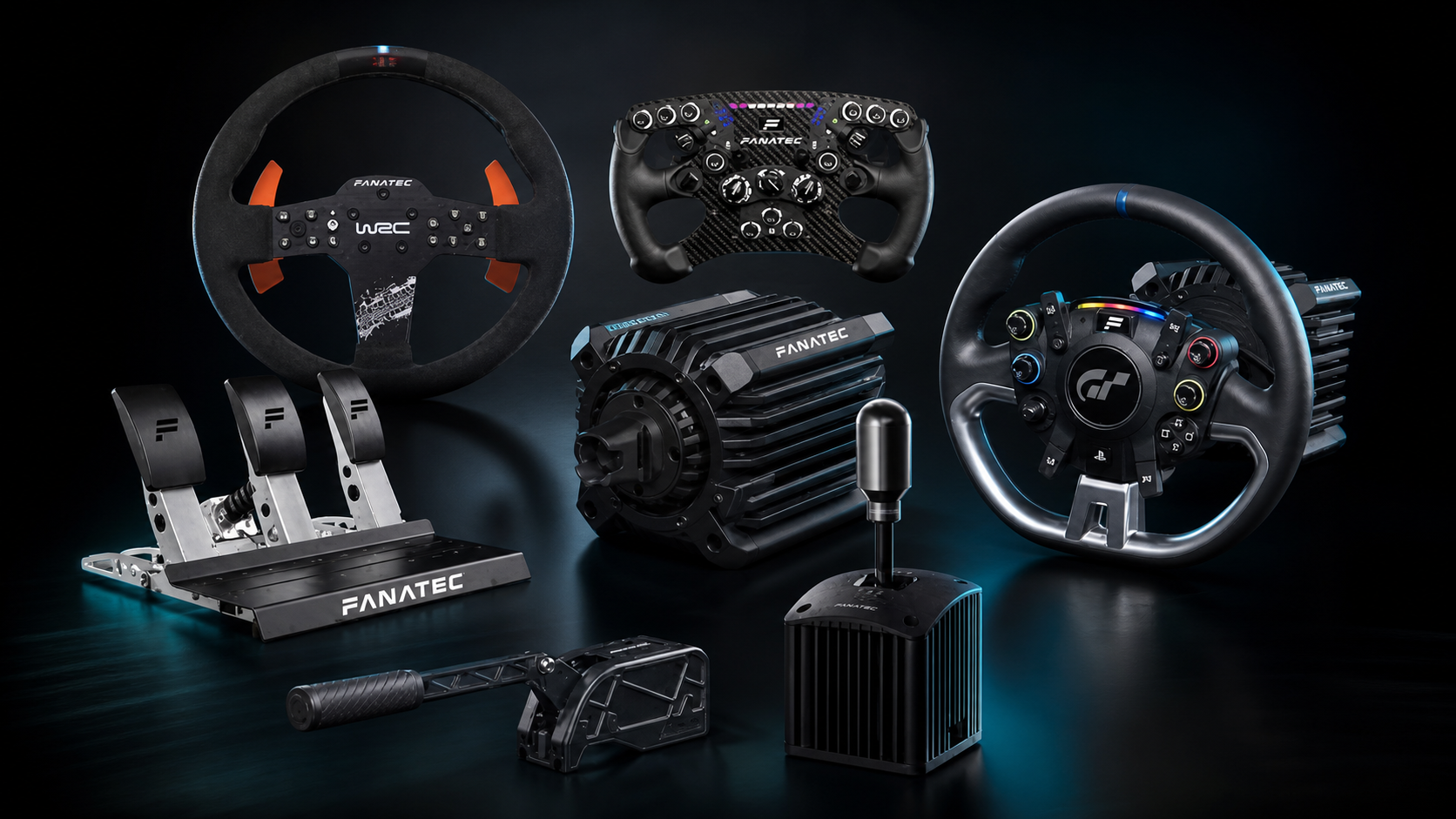 Fanatec sim racing ecosystem with direct-drive wheelbase, steering wheels, pedals, shifter and handbrake