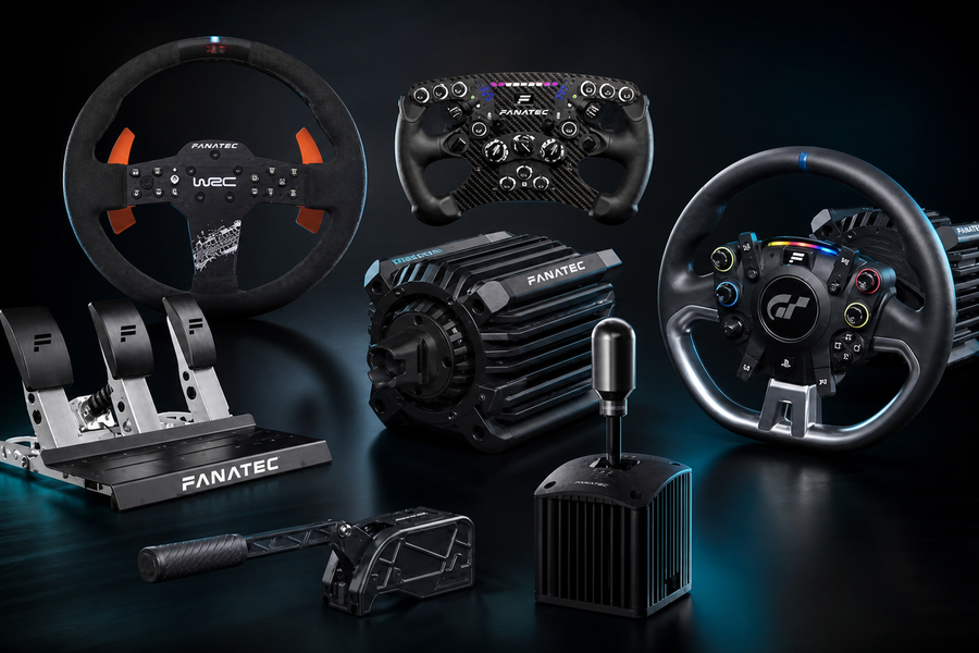 Fanatec sim racing ecosystem with direct-drive wheelbase, steering wheels, pedals, shifter and handbrake