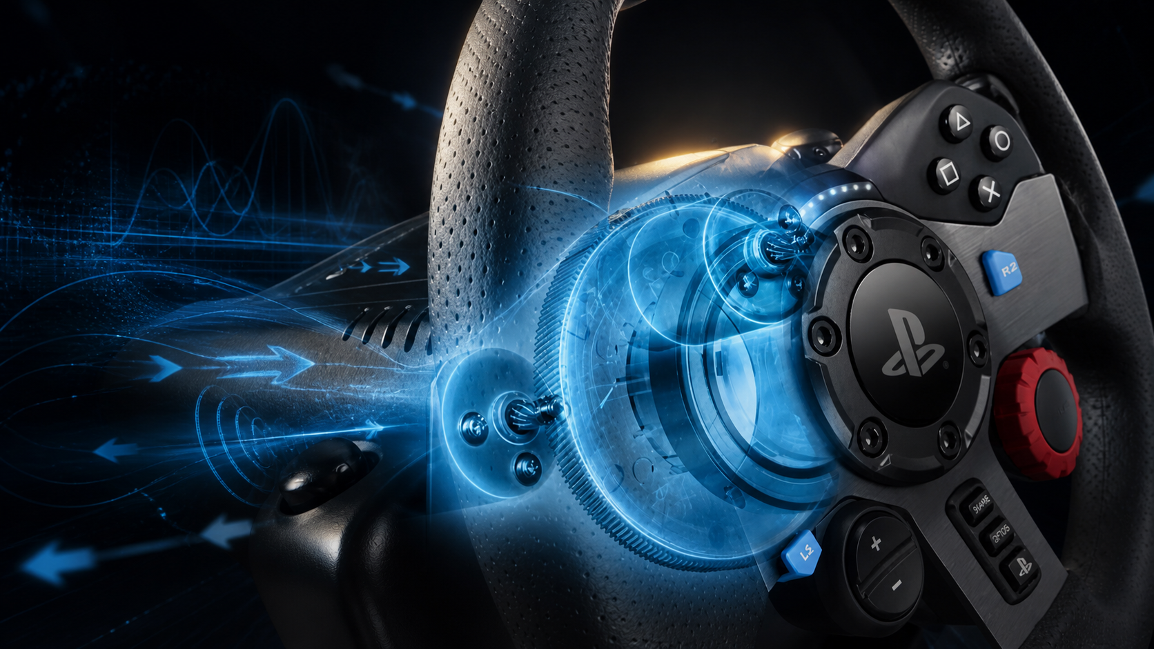 Steering wheel with force-feedback signals visualising strength, detail and damping adjustments