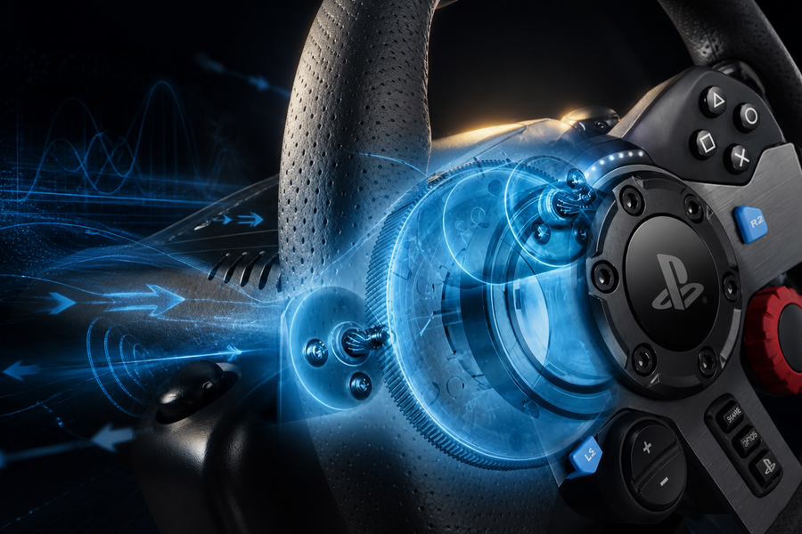 Steering wheel with force-feedback signals visualising strength, detail and damping adjustments