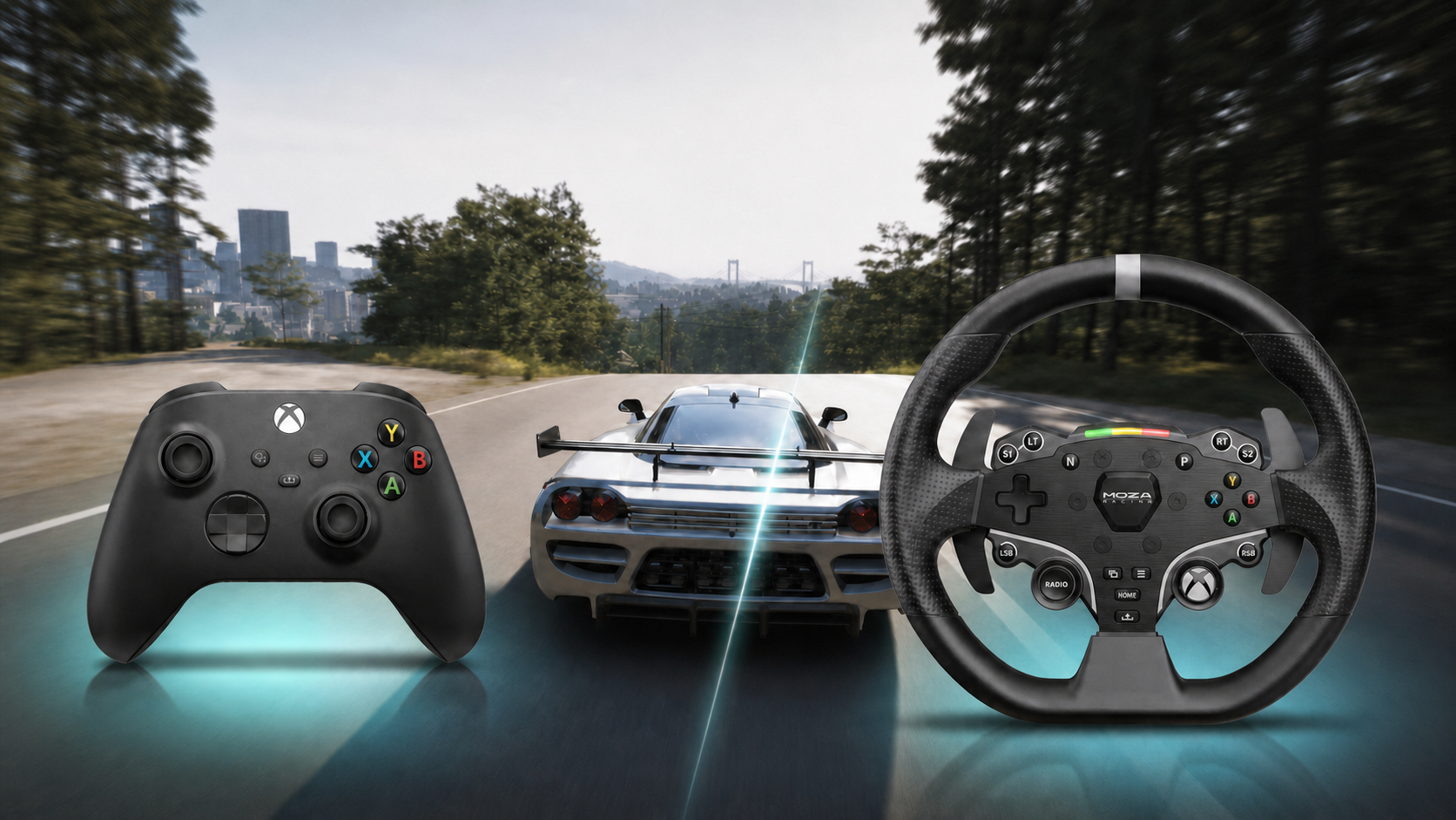 Forza Horizon 6 racing scene with an Xbox controller and MOZA racing wheel in a controller-versus-wheel comparison
