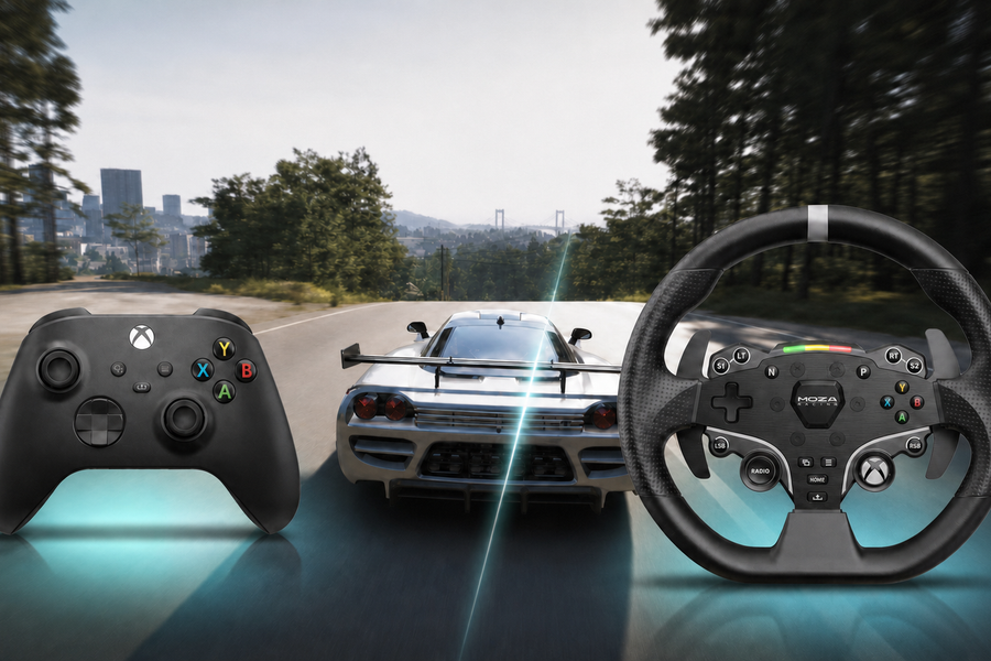 Forza Horizon 6 racing scene with an Xbox controller and MOZA racing wheel in a controller-versus-wheel comparison